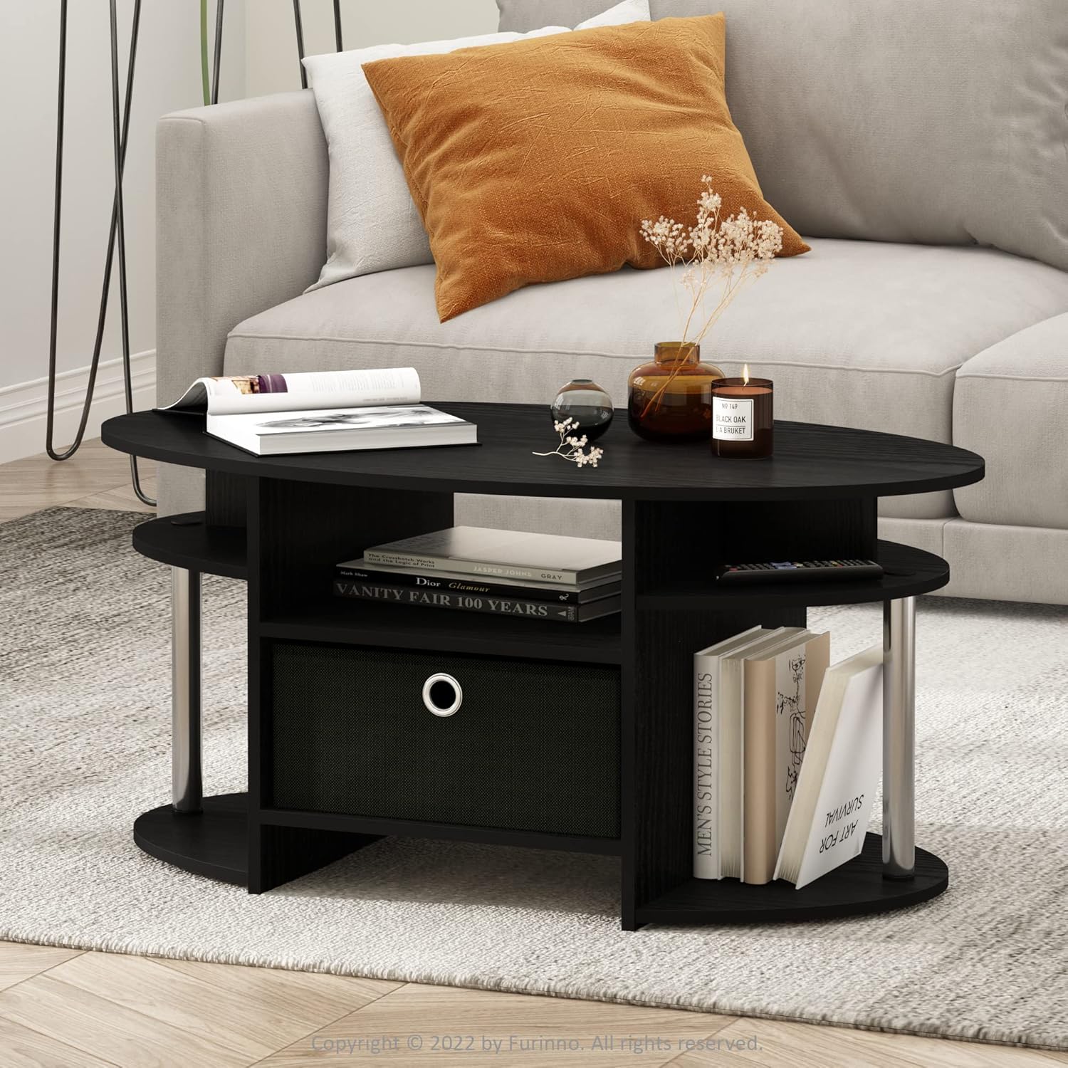 Simple Design Oval Coffee Table with Bin, Americano, Stainless Steel Tubes