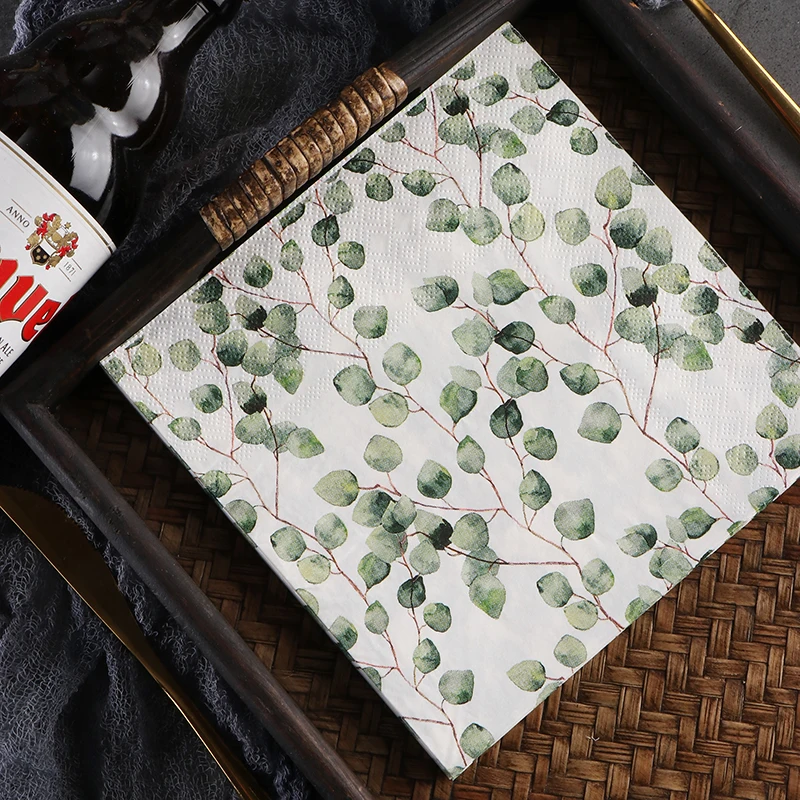 Servilleta estampada con hojas de eucalipto de bosque, servilletas de papel de colores, decoración de mesa de restaurante occidental para Hotel, papel de flores de copa de vino