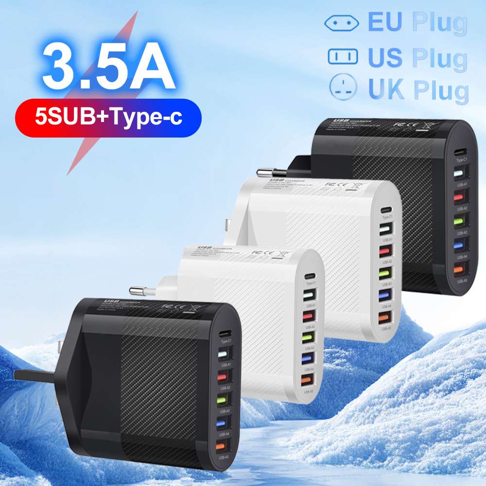 6 Ports USB Typ C Ladegerät PD Schnellladeadapter Quick Charge3.0 für iPhone Samsung Xiaomi Huawei Telefon Wandladegerät Stecker # 3