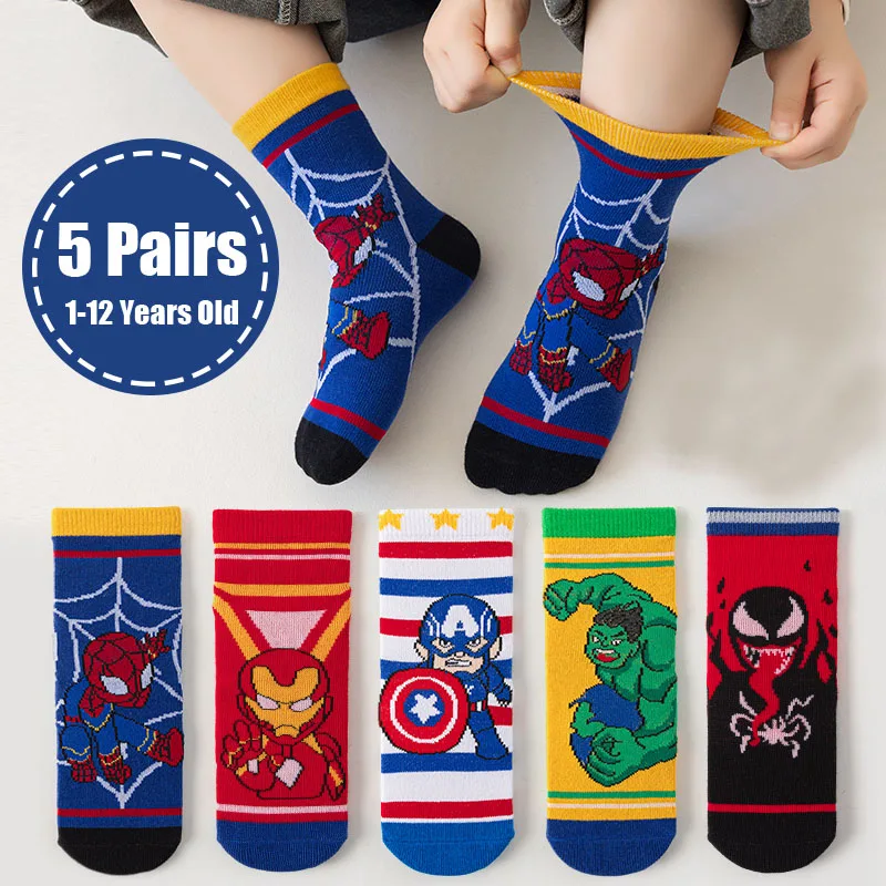 5 pares de calcetines para niños, calcetines de dibujos animados de Spiderman para niños, calcetines de tubo medio para primavera y otoño, calcetines bonitos de algodón para niños, talla 1-12 años