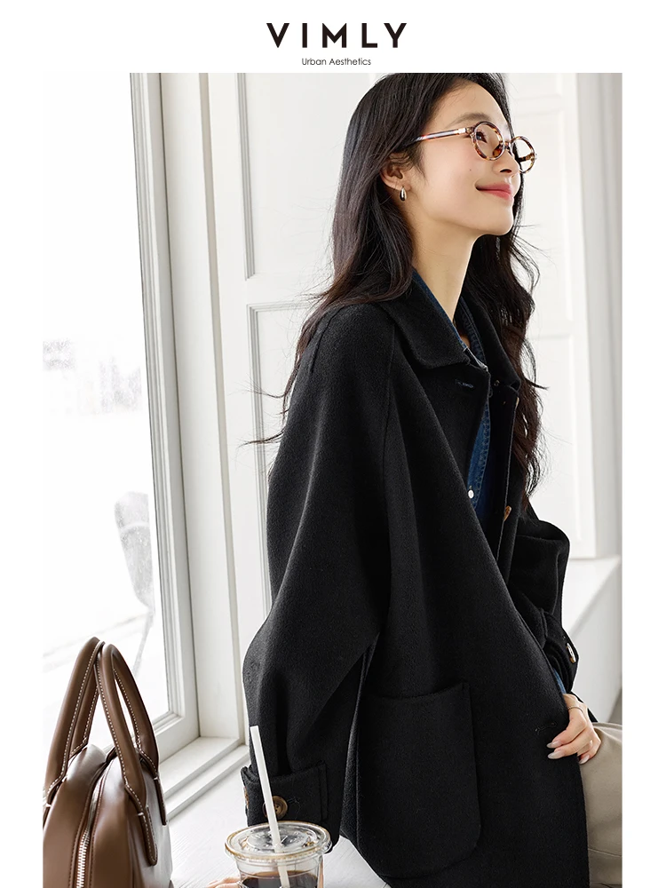 Vimly Double Faced Wool Blend ยาวฤดูหนาวผู้หญิงทําด้วยผ้าขนสัตว์สบายๆถักเสื้อ Office Lady WARM Overcoat 50811
