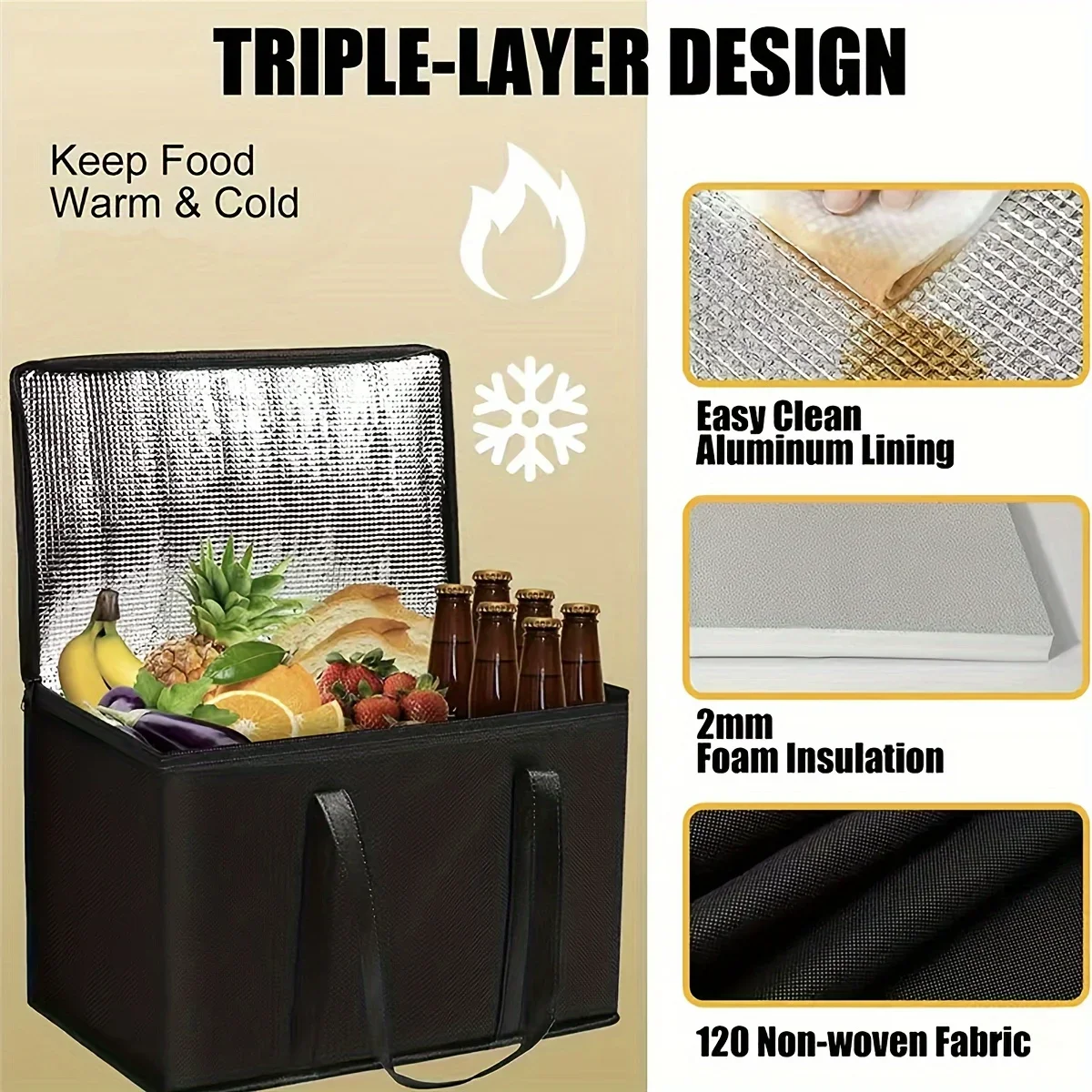Bolsa aislante XL/grande: mantiene los alimentos calientes y fríos durante las horas: bolsa de comestibles, bolsa refrigeradora suave, calentador de pizza, cremallera liviana y resistente
