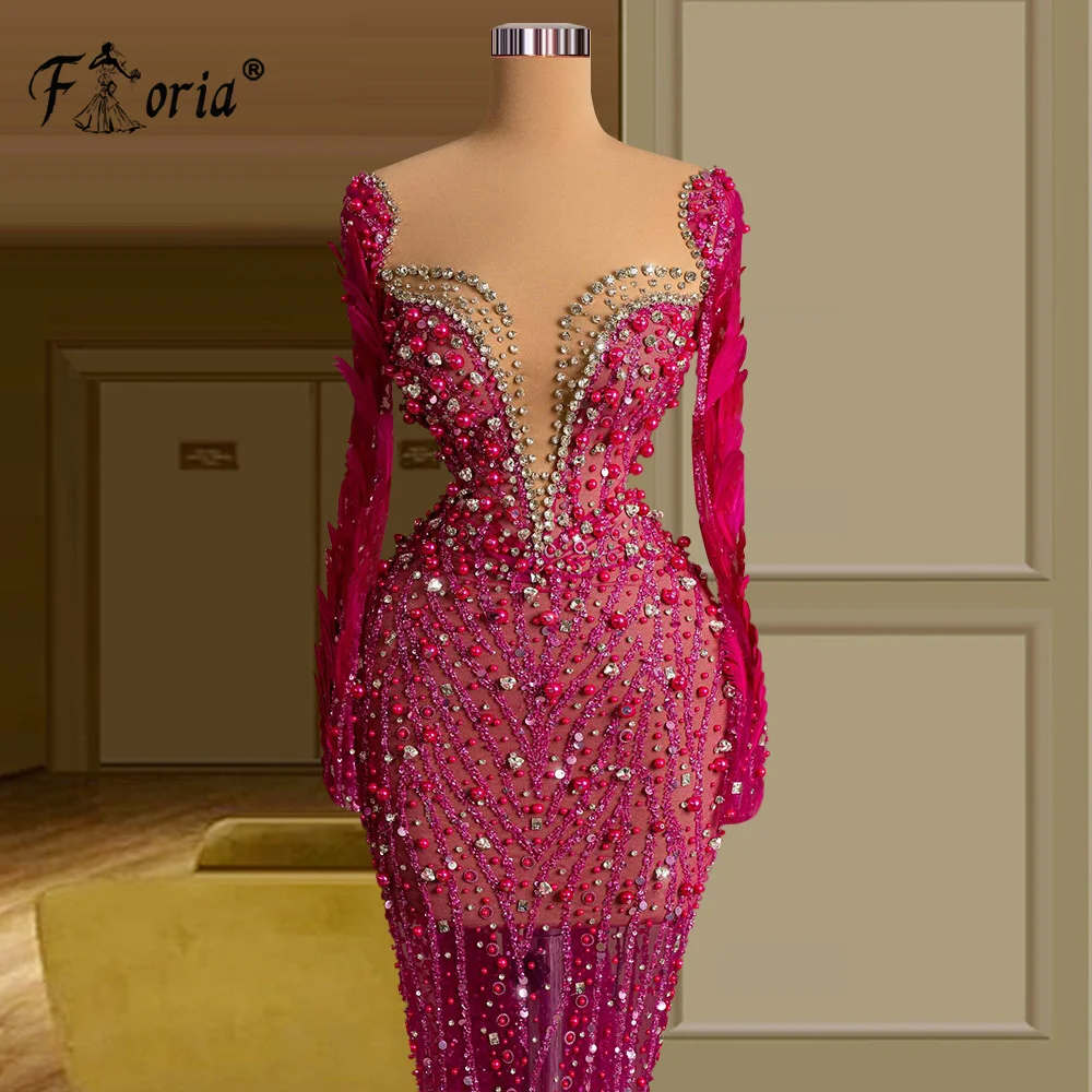 2 Designs Luxus stark Perlen Federn Perlen Meerjungfrau Abendkleid lange Ärmel formelle Event Kleider vestidos de festa plus siz