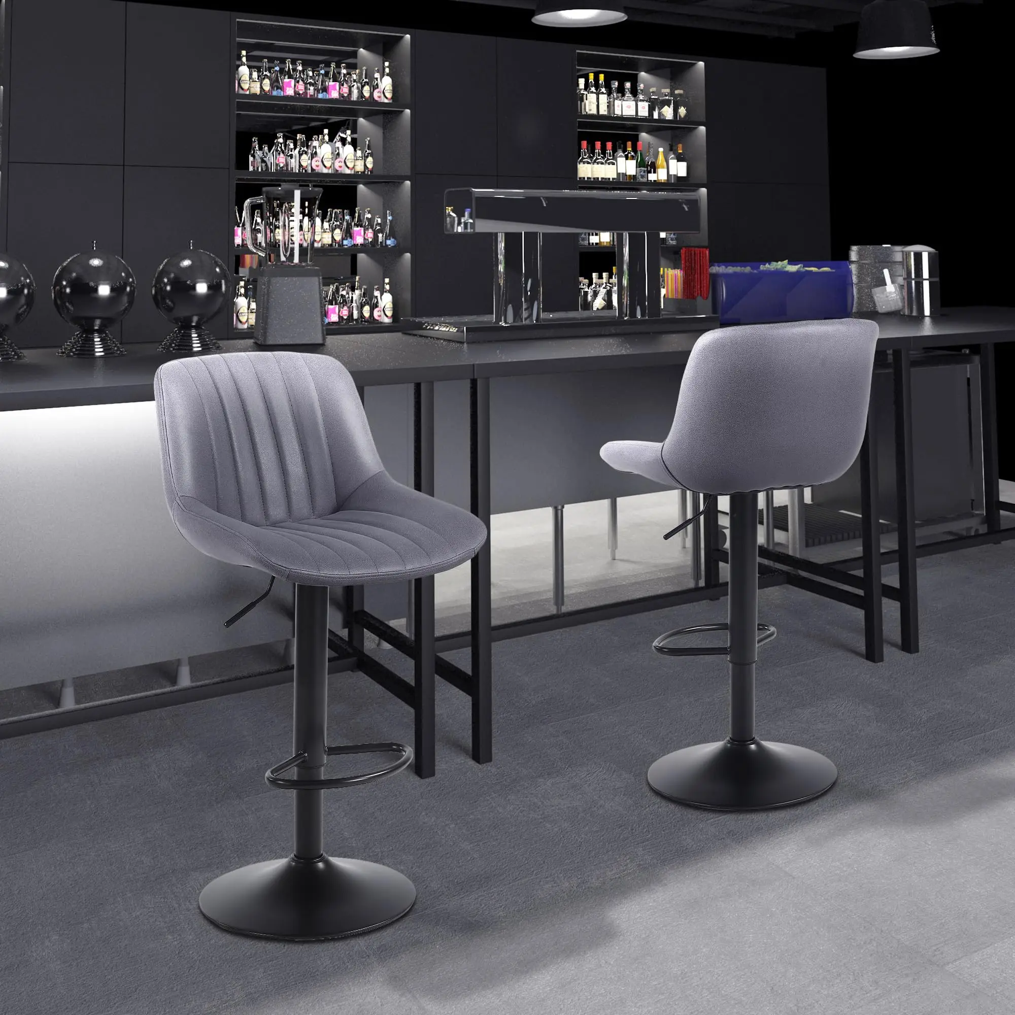 Conjunto de 4 bancos de bar Ralex-chair, bancos de bar giratórios com altura de balcão e encosto, cadeiras de bar ajustáveis em couro PU, cinza escuro