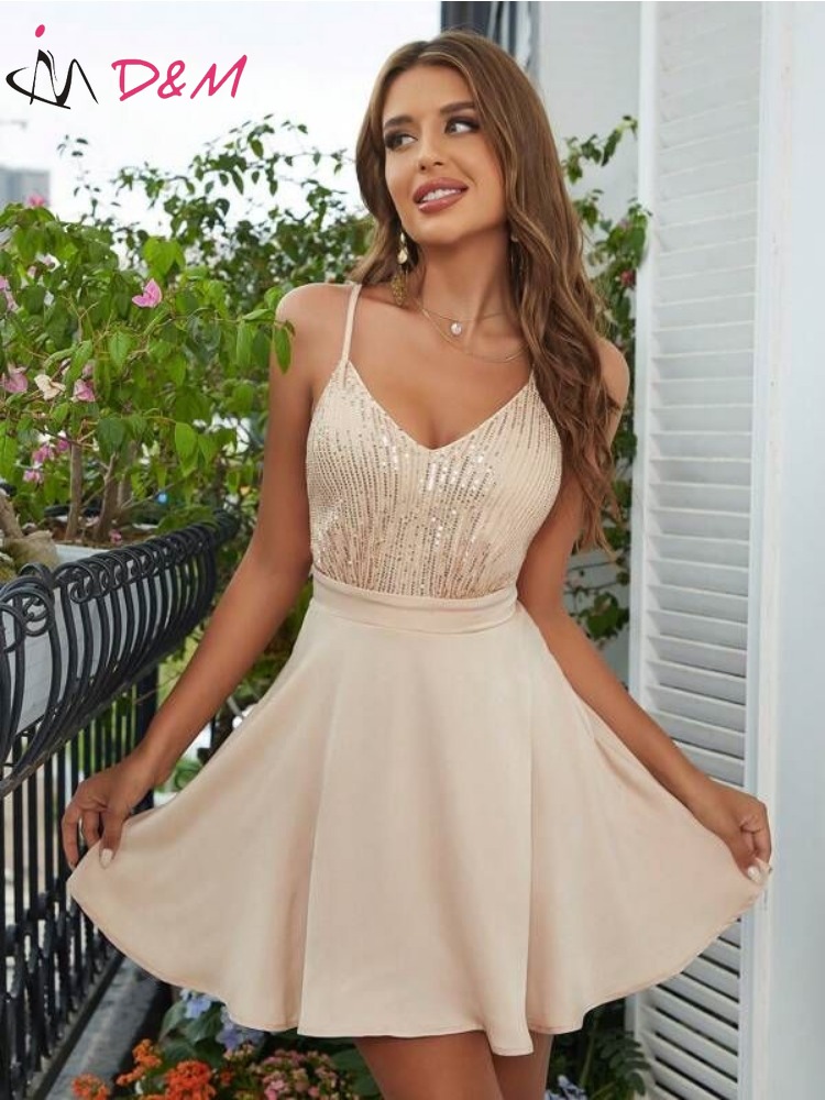 D & M-Dames Contrast Sequin Jurk, Cami Jurk, Kruis Backless, Stropdas, Avondjurk, Elegant en Mooi, Merk