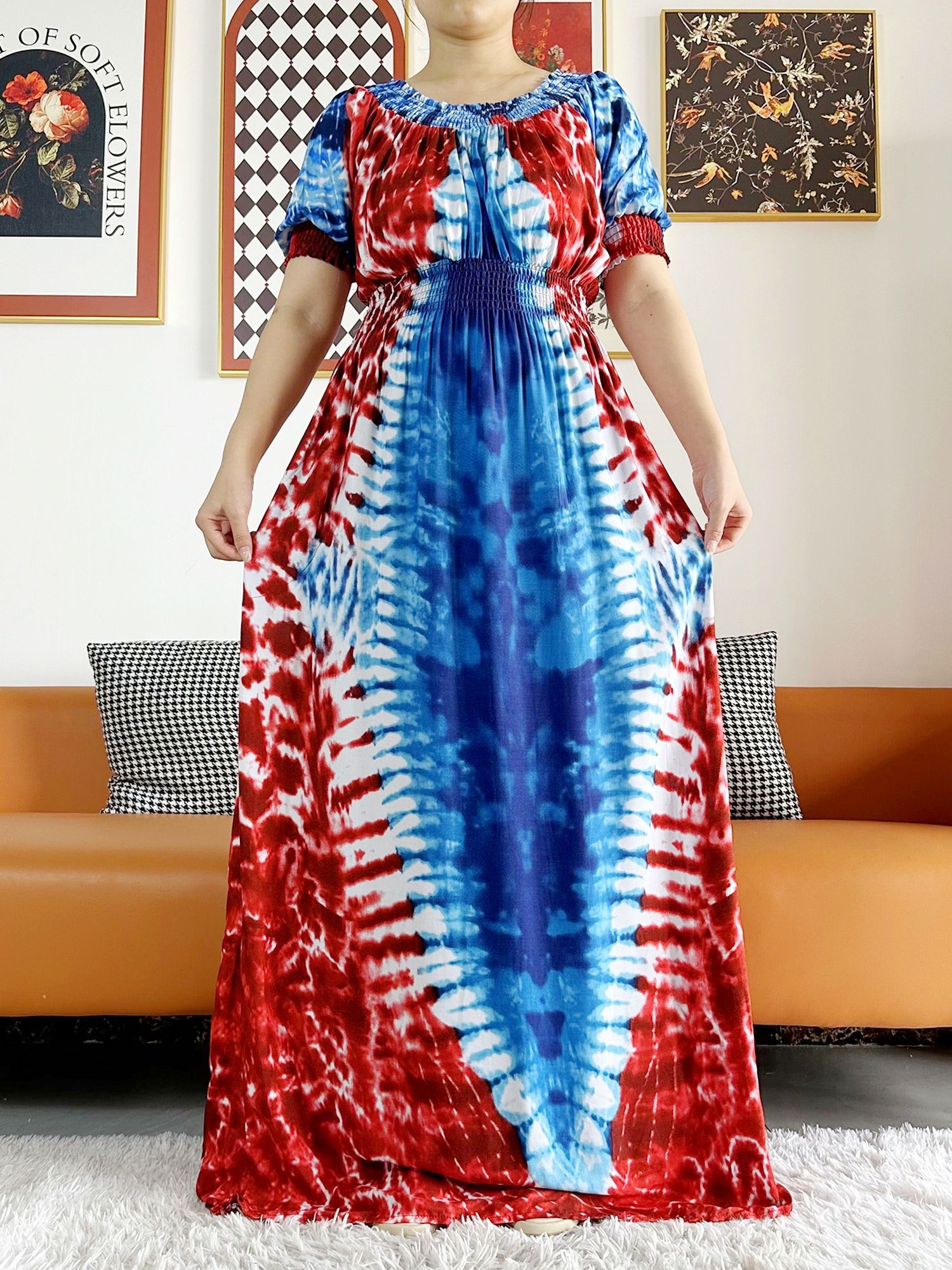 Vestido Dashiki de algodón con estampado Floral para mujer, ropa Africana holgada, manga corta, cintura recta