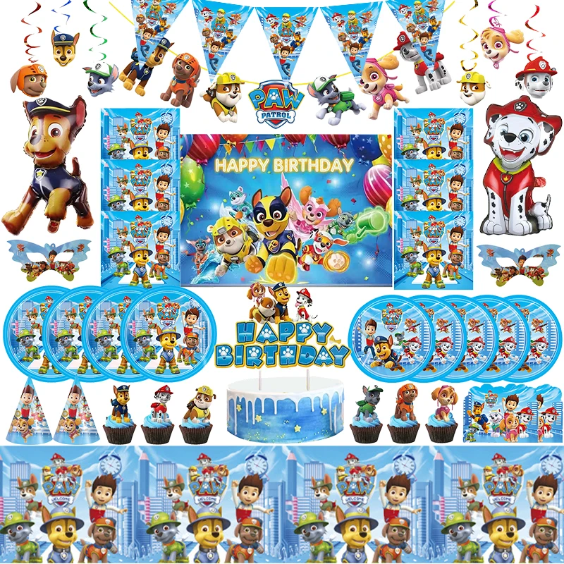 Decoraciones de la patrulla canina, vajilla de cumpleaños, servilleta, plato, juego de globos de la patrulla canina, pegatinas de fondo, suministros para fiestas de nuevo estilo