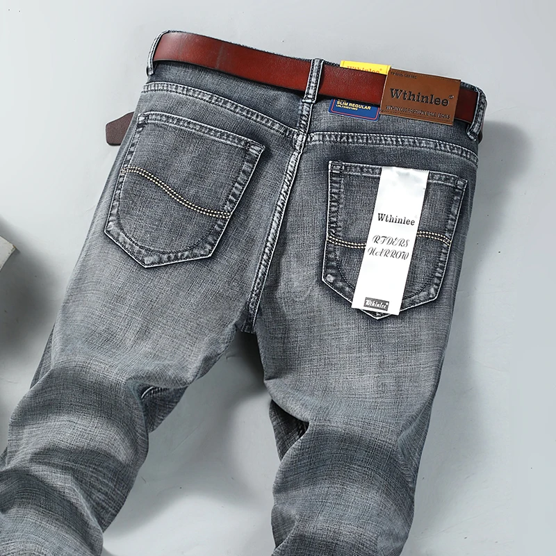 Wthinlee magro lavado jeans casual em linha reta estiramento moda clássico azul preto trabalho denim calças masculinas roupas de marca