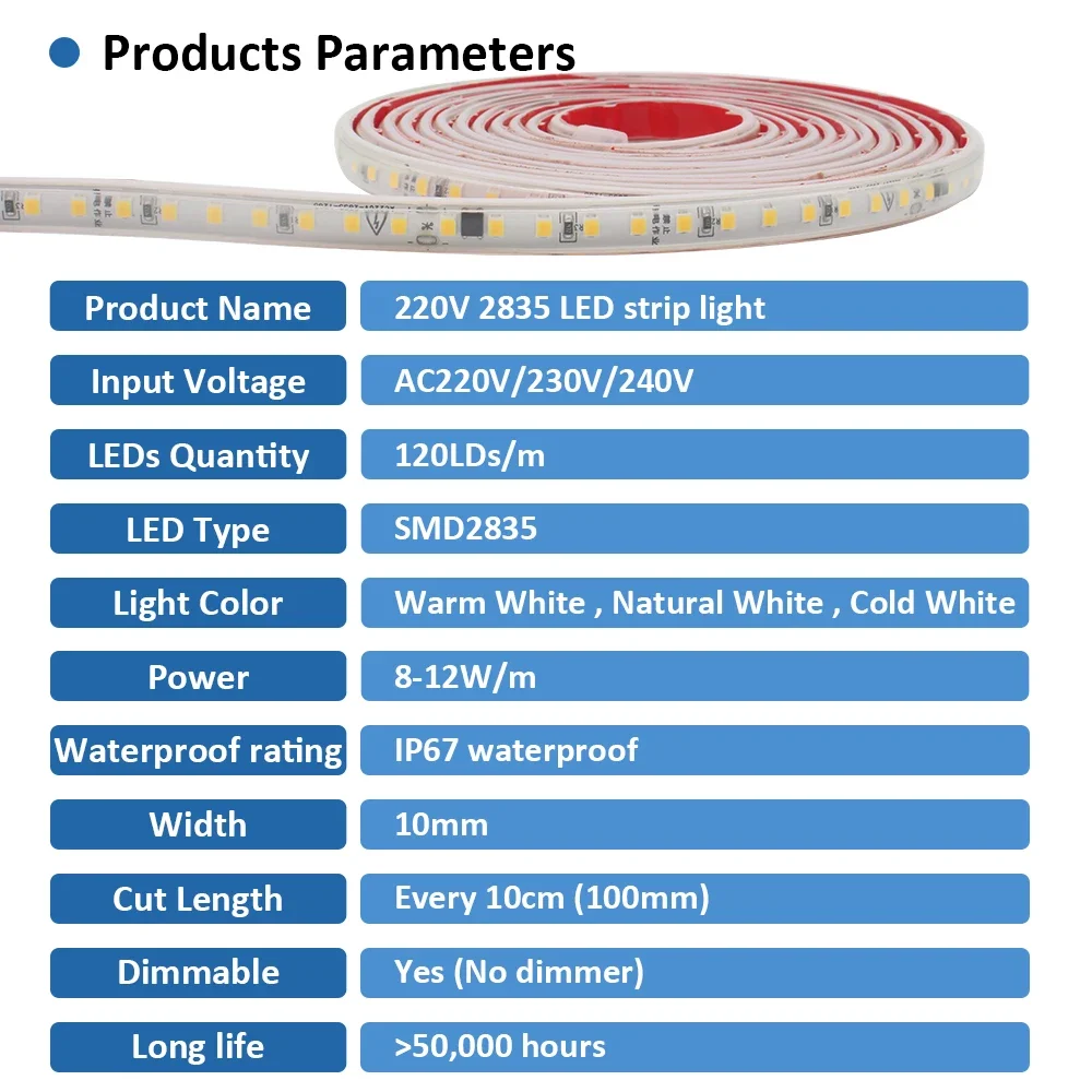 220V 230V AC SMD2835 IP67 LED Strip Light 120 LEDs/m ริบบิ้นยืดหยุ่นอุ่นเย็นสีขาว Linear แสงตกแต่งสวนกลางแจ้ง
