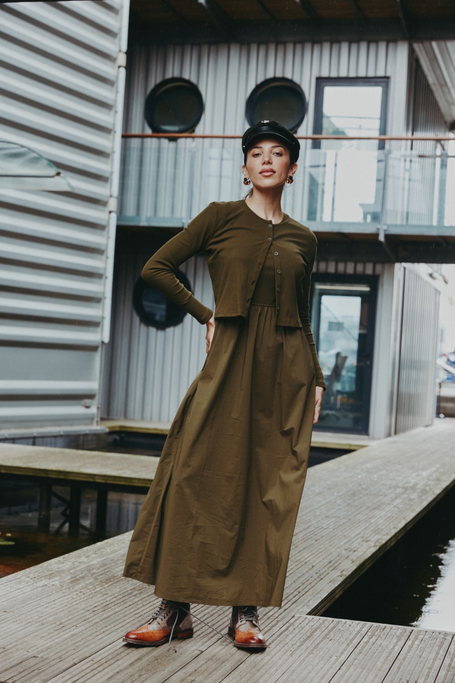 AS AW25 Лоскутное платье с круглым вырезом, топ в рубчик + юбка + кардиган, женская одежда