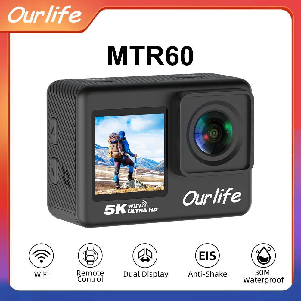Ourlife MTR60 Action Camera 5K Video 2.0'' Touch Screen EIS 30M Waterproof 2.4G WiFi 5X Zoom Sports Camera Bicycle Helmet Camera