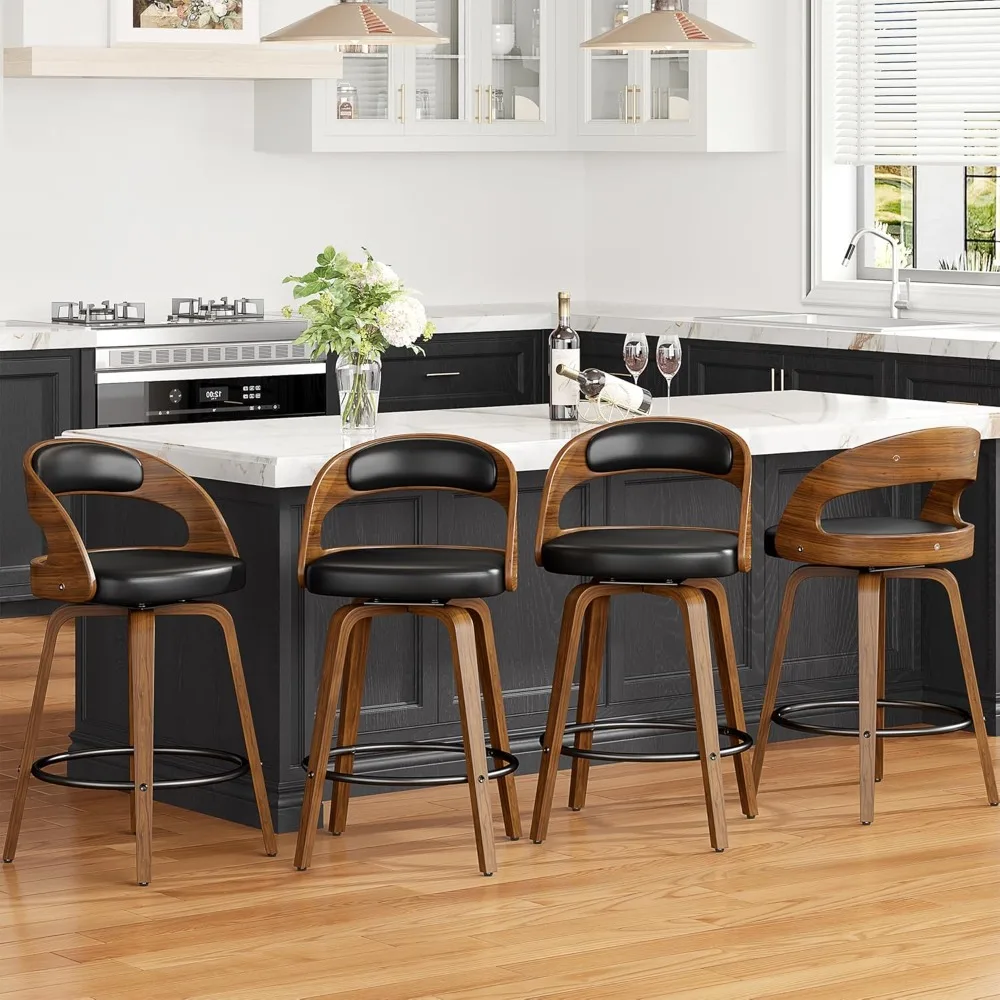 Swivel Bar Stools Set of 4, 26" Counter Height Bentwood Barstool, Mid-Century Modern PU Leather Upholstered Bar Chair with Back
