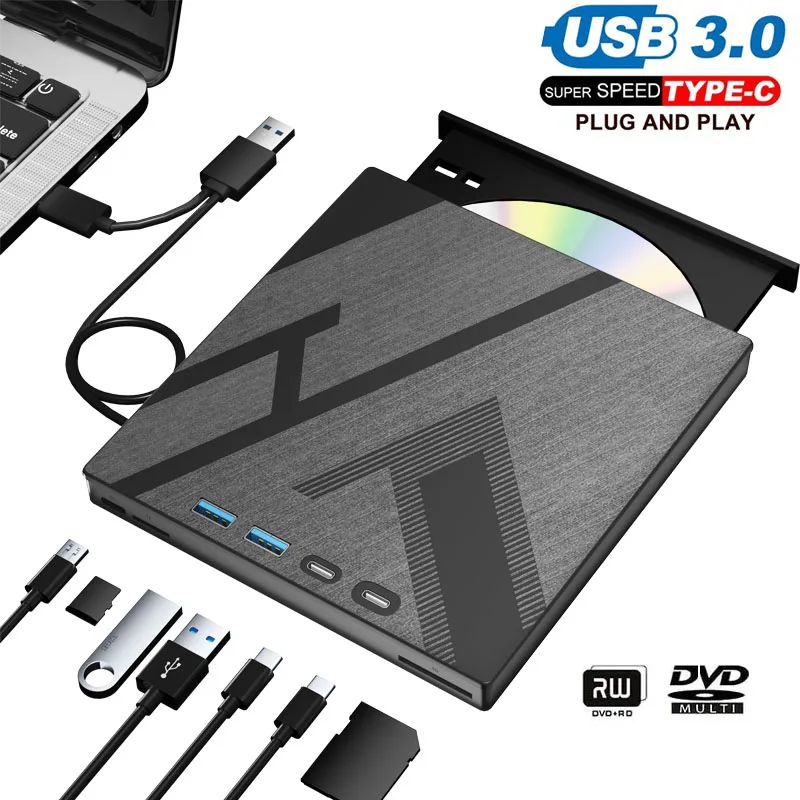 Внешний привод CD DVD с 4 портами USB и слотами для карт TF/SD Портативный привод для CD/DVD-дисков Плеер Устройство чтения и записи для портативных ПК