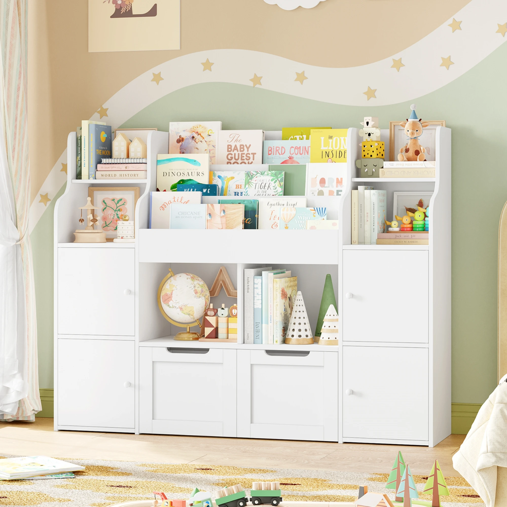 Getone Cameretta per BAMBINI, scaffale per bambini, cassettiera per giocattoli, libreria, armadio per BAMBINI con 13 ripiani 2 ante 2 cassetti 122x30x100 cm