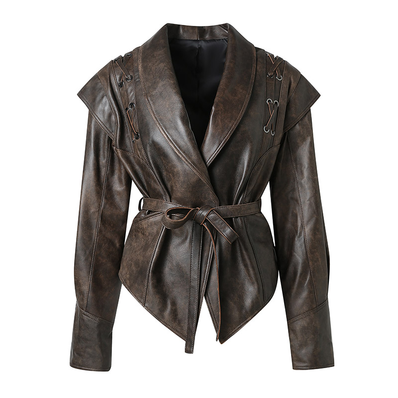 Женская Байкерская кожаная куртка с длинным рукавом, с поясом
