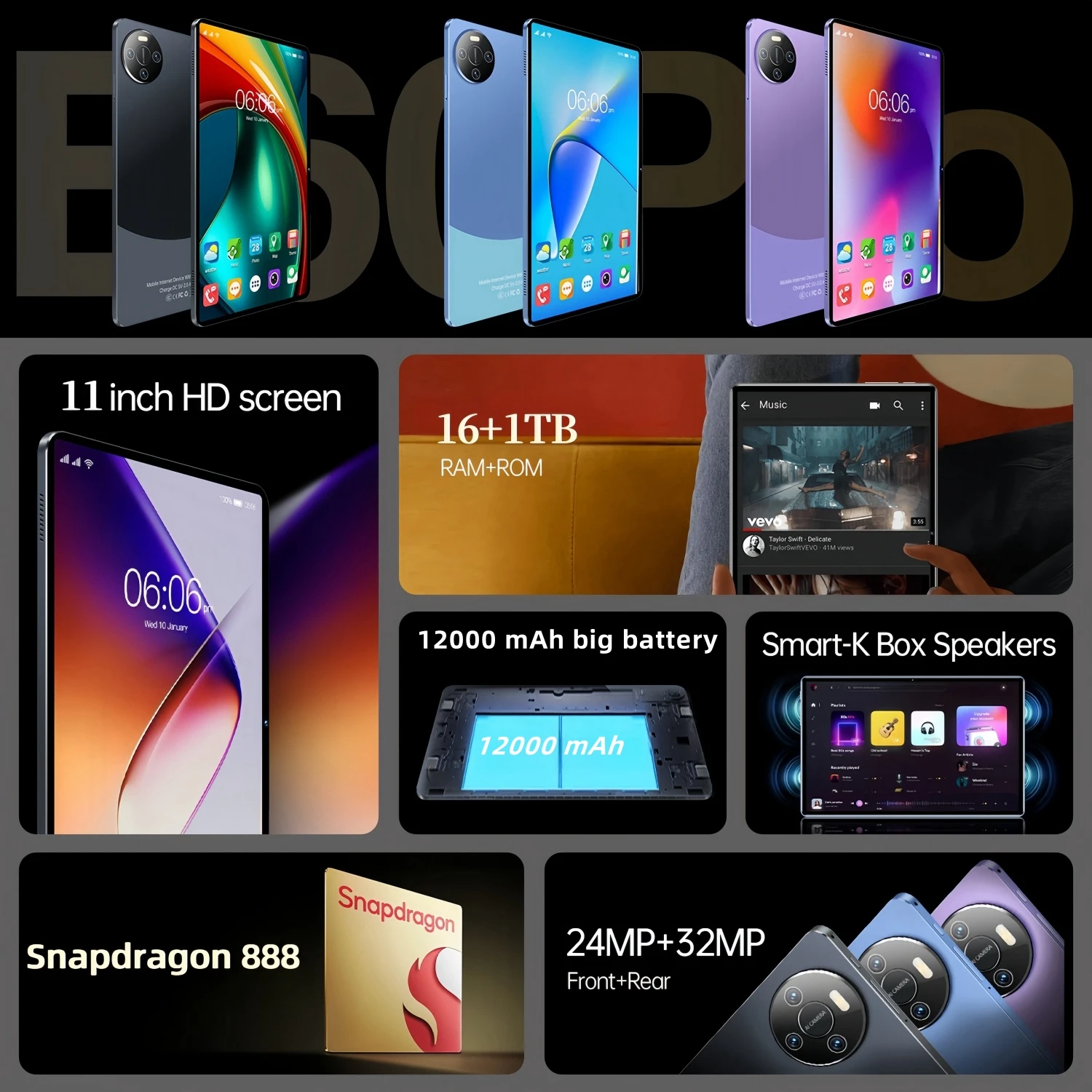 Tablette PC E60 Pro, Android 13, Snapdragon 2024, 16 Go + 1 To, 4K, 11 pouces, 888 mAh, 5G, WiFi, Touriste EpiCard, PhoneCall, Original, Nouveau, 12000