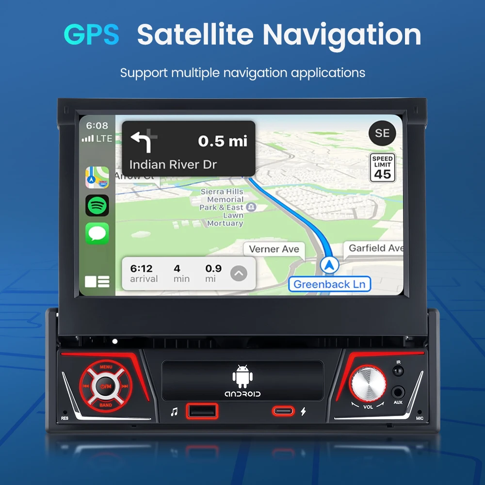 1 din Autoradio Android Carplay Auto Universale 7 "IPS Schermo retrattile Navigazione gps 1Din Android 12 Lettore video multimediale
