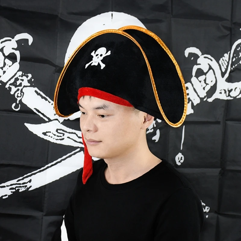 อุปกรณ์เสริมปาร์ตี้หมวก Tricorn สีดำอ่อน ธีมการแต่งตัวสีดำหรูหราปาร์ตี้โจรสลัด