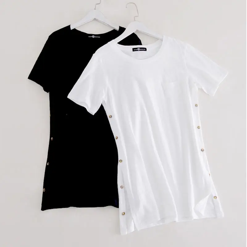 女性用半袖スリットTシャツ,白い綿のベースシャツ,ボタン付きオープントップ,ミドル丈