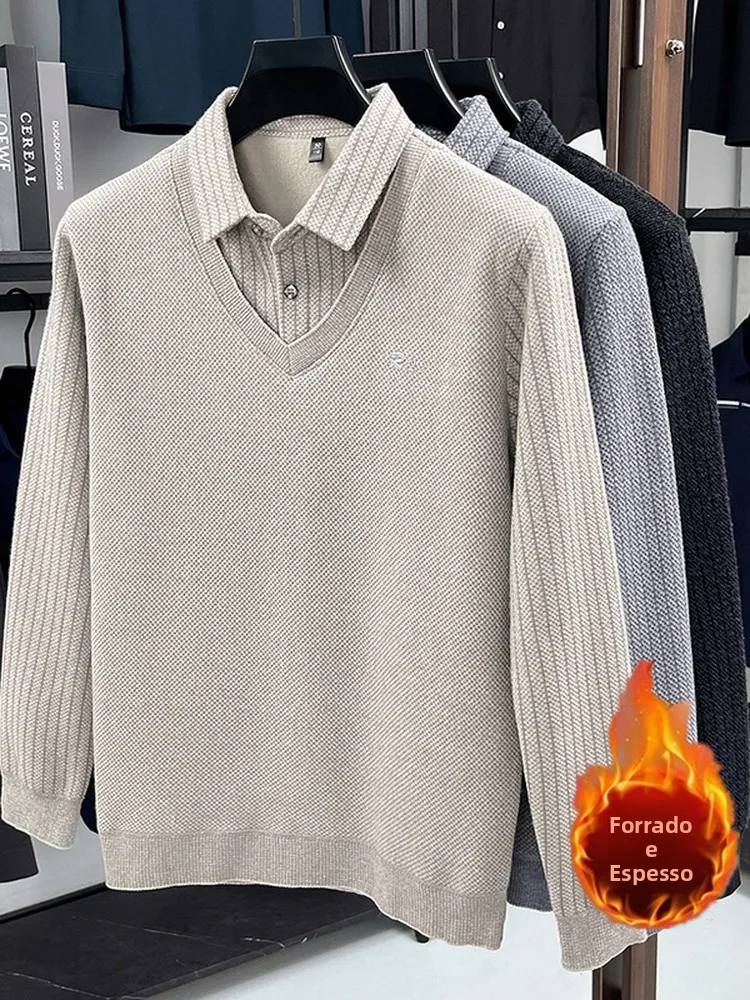 Suéter Masculino de Inverno com Forro de Fce Espo, Estilo Casual, Csa Base Quente, Estilo Pai, Ajuste Regular, Manga...