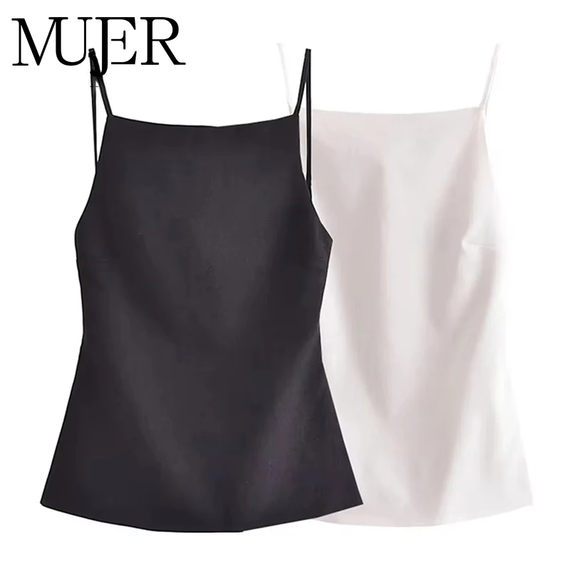 MUJER-Top negro con espalda descubierta para mujer, Top corto blanco sin mangas, Tops sexys de verano para mujer, Top de noche de fiesta para mujer con correas