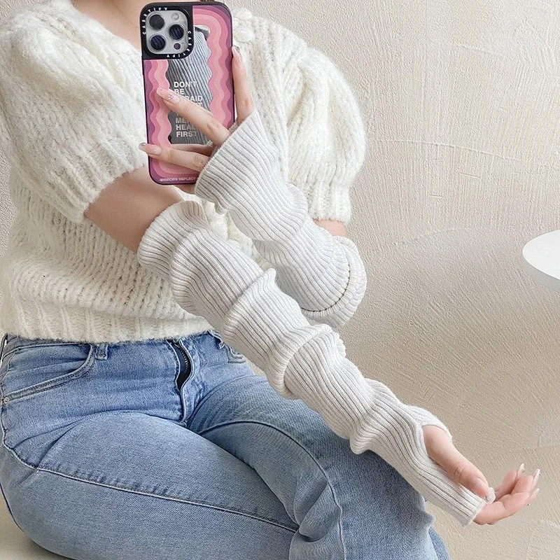 Calentador de brazo tejido para mujer, guantes largos sin dedos, manopla de invierno Y2K, manga de brazo sólida, moda informal, ropa suave para niñas, guantes Punk