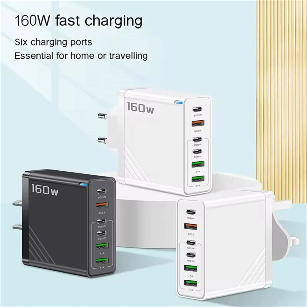 160W หลายพอร์ตเครื่องชาร์จ USB ประเภท C ชาร์จเร็ว EU/US ปลั๊กเครื่องชาร์จติดผนังสำหรับไอโฟน ซัมซุง เสี่ยวมี่ หัวเว่ยโทรศัพท์อะแดปเตอร์ชาร์จ