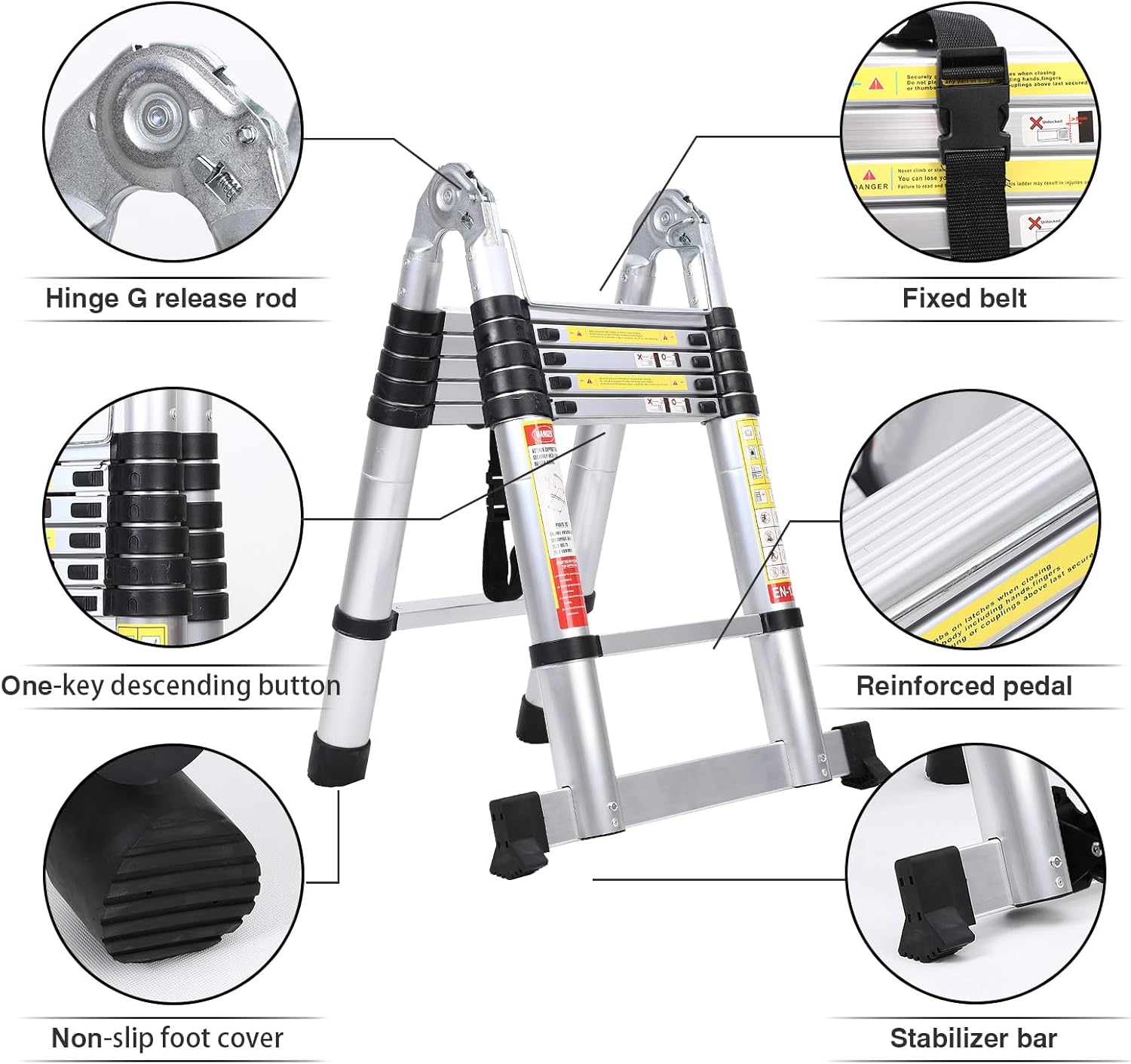 Scala telescopica da 3.8m con bilanciere, ruote mobili, per uso domestico ed esterno, design pieghevole multiuso.