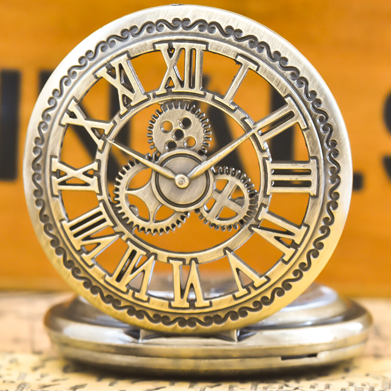 Vintage Bronze Steampunk Copper Cutout Gear Quartz Pocket Watch Necklace Pendant Clock Chain Men Women Chain Gift