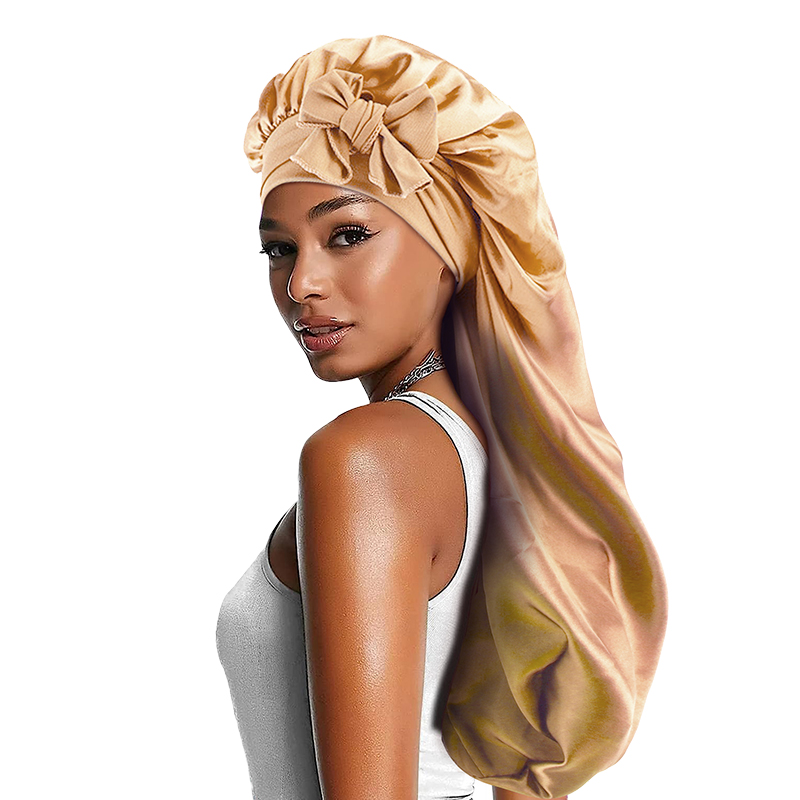 ผู้หญิงยาวขนาดใหญ่ยืดหยุ่นซาติน Bonnet หมวกนอนริบบิ้น Breathable Sleeping CAP Turban Sleep Headwear Bandanas