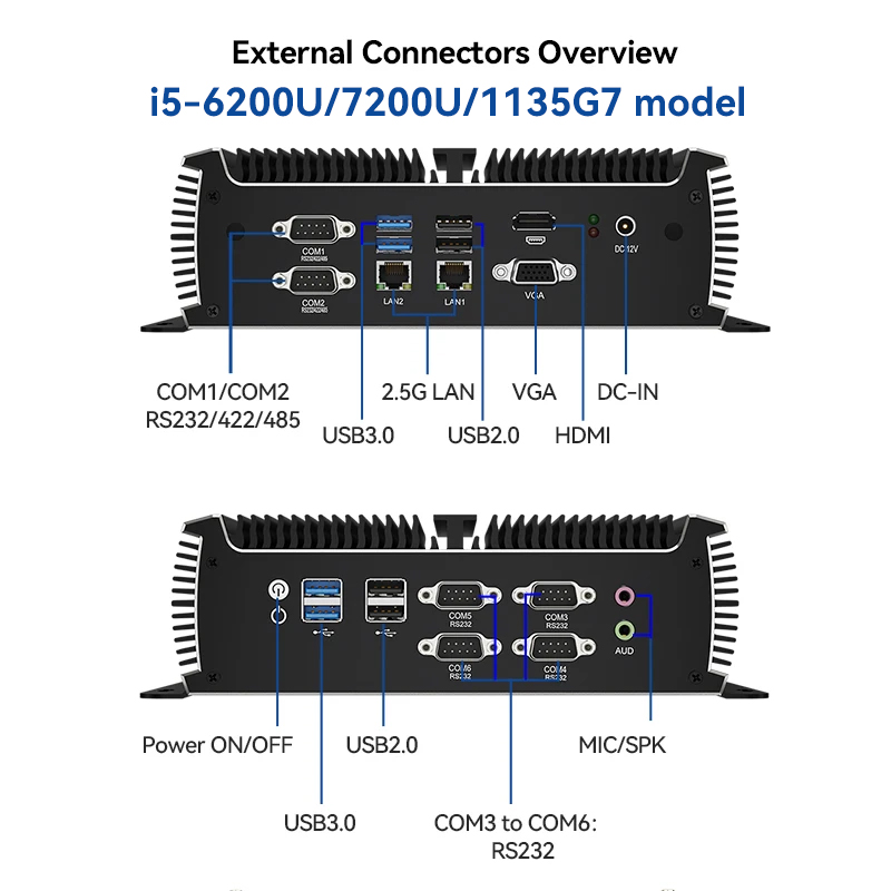 Xcy industrial fanless mini pc intel i5-7200U 6x com rs232 rs485 2x mini pcie suporte wifi 4g lte can-bus windows linux ipc