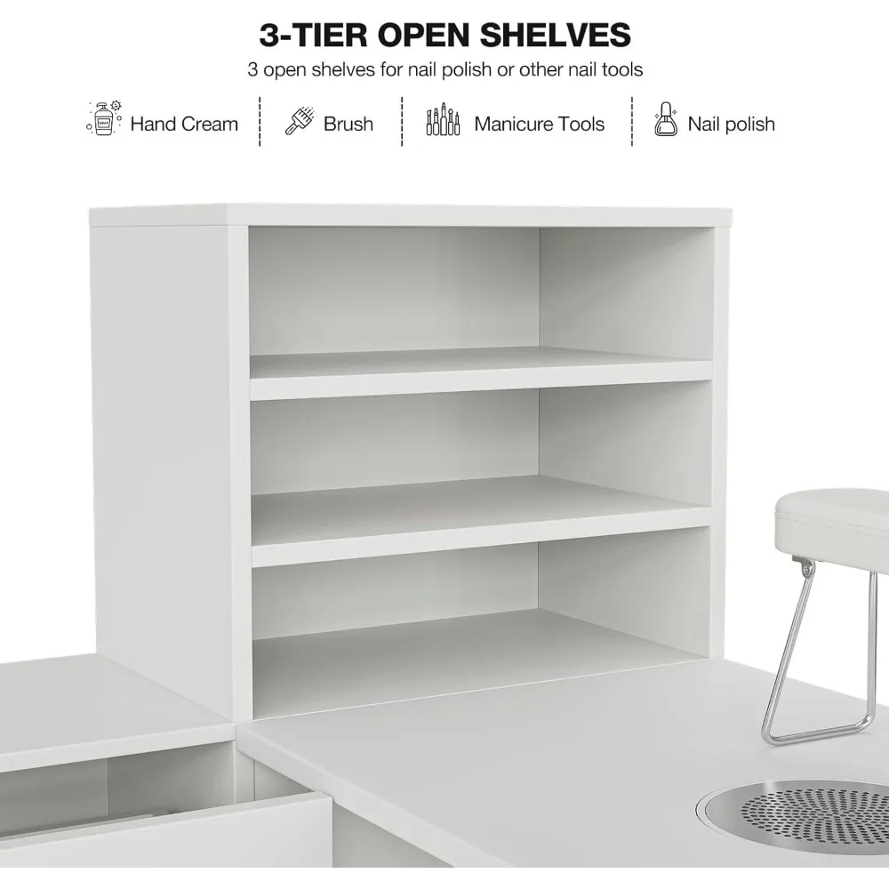 Manicure Table with Shelves, L-Shaped Nail Table Station w/Electric Downdraft Vent, Foldable Nail Arm Rest, Storage Cabinets