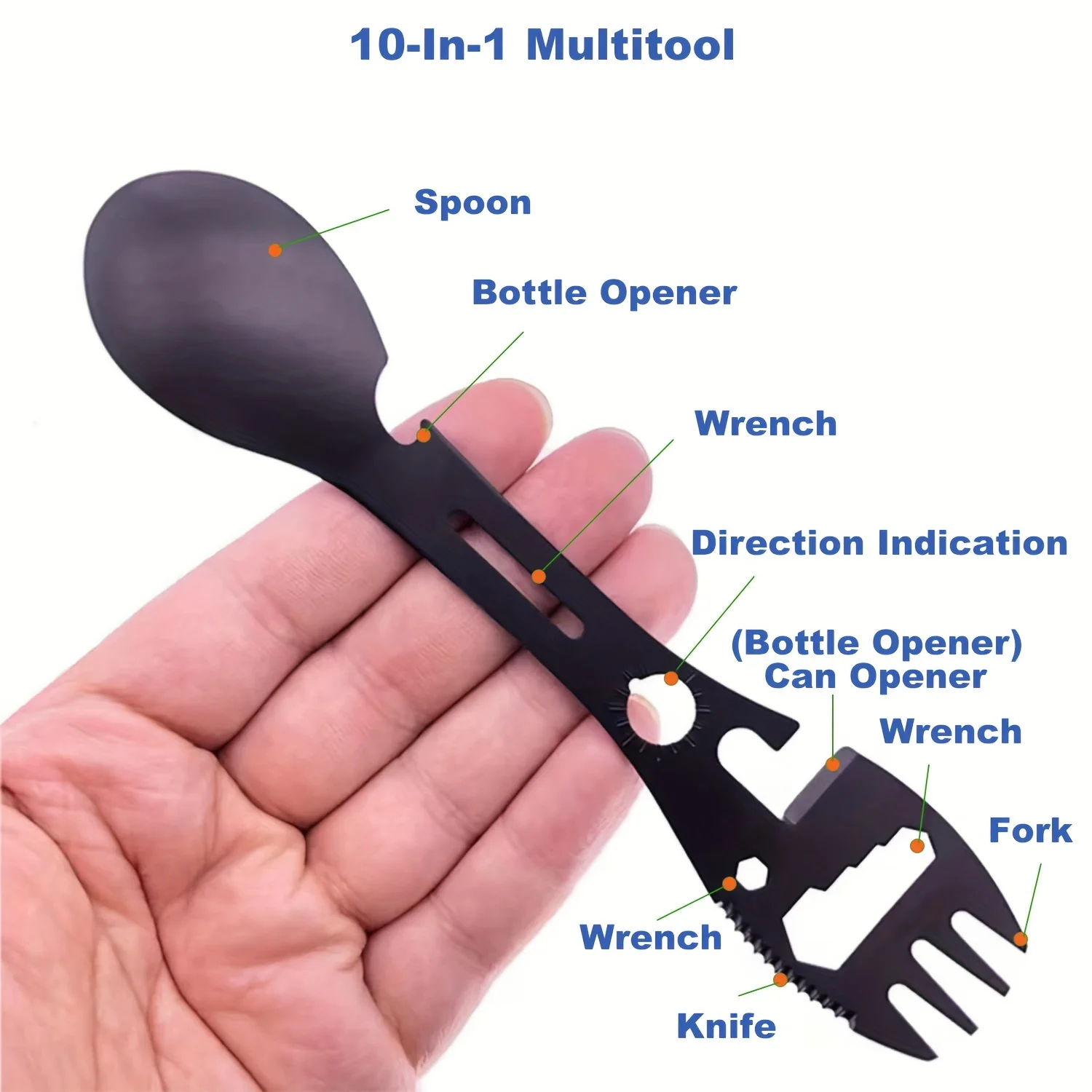 Spork multifunzionale 10 in 1: cucchiaio per utensili portatile in acciaio inossidabile, apriscatole, coltello seghettato, chiave inglese, indicatore di direzione