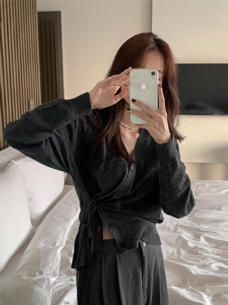 痩身 V ネックニットトップ女性のサイドボウウエスト締めシングルボタン長袖韓国スタイルファッショナブルな秋トップ