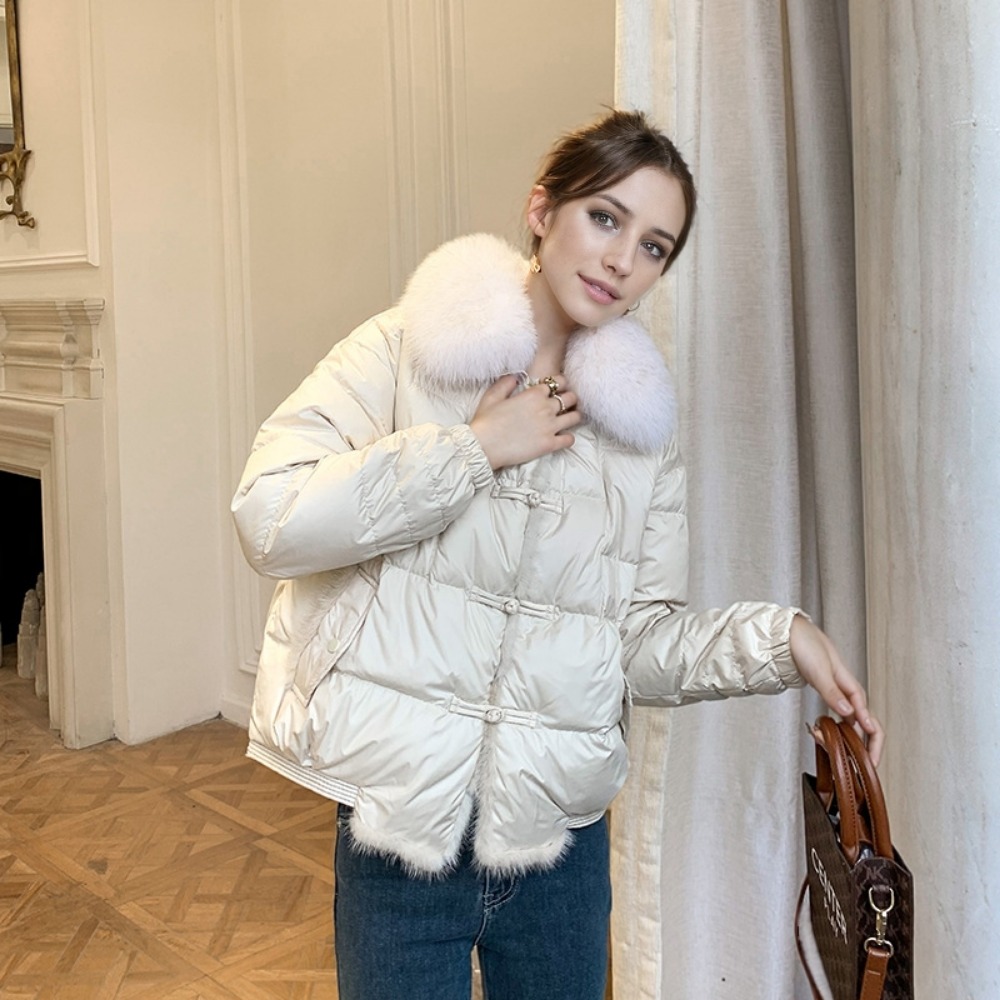 Vintage echt vossenbont jas losse witte eend donsjack dames winter vrouwen korte warme puffer jas vrouwelijke parka bovenkleding
