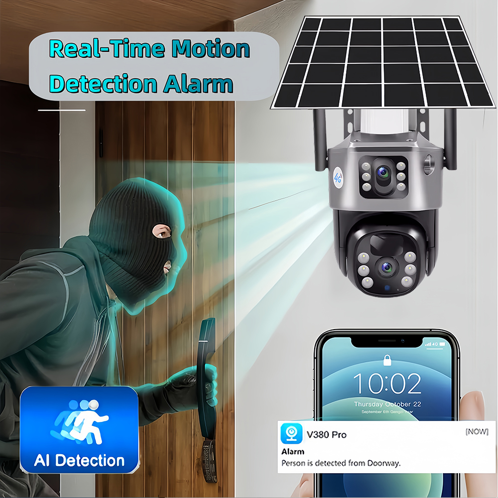 Dual Lens Solar 4G IP Camera 8MP 4K Wireless Surveillance Camera WiFi for Smart Home Night Vision with People Detection CCTV