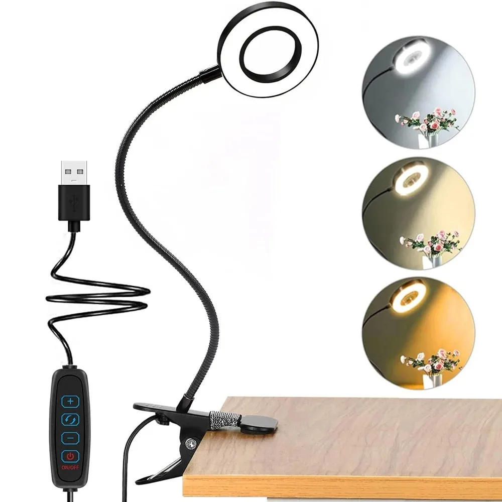Lámpara de escritorio de 48 LED con clip, luz de libro USB, mesita de noche 360 °   Brillo flexible de la luz de lectura del cuello de cisne de la protección ocular ajustable nivel 3