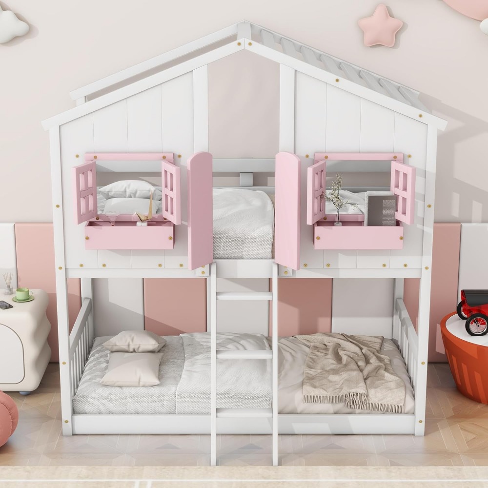 Floor House Bunk Bed with Roof and Window,Built-in Storage Box,Wooden Guardrails with Door/Ladder,Low Bunker Bed Twin Over Twin