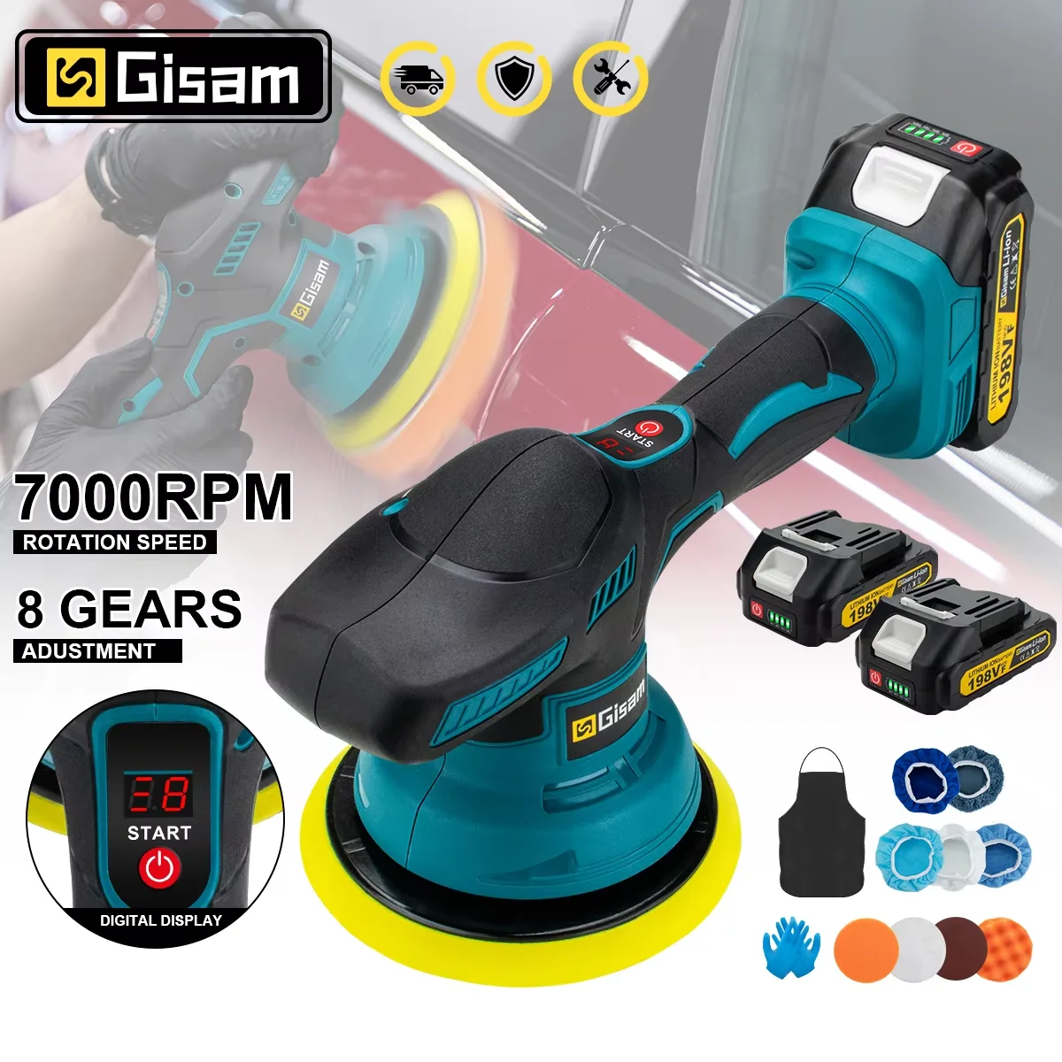 Gismis-pulidor de coche inalámbrico con pantalla Digital de 8 engranajes, pulidor eléctrico, máquina pulidora de encerado para coche, Pin de batería Makita de 18V
