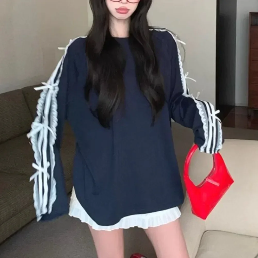 Neploe-Camiseta informal de manga larga con cuello redondo para Mujer, ropa minoritaria de retazos de encaje con lazo holgado, ropa de Mujer de longitud media ajustada que combina con todo