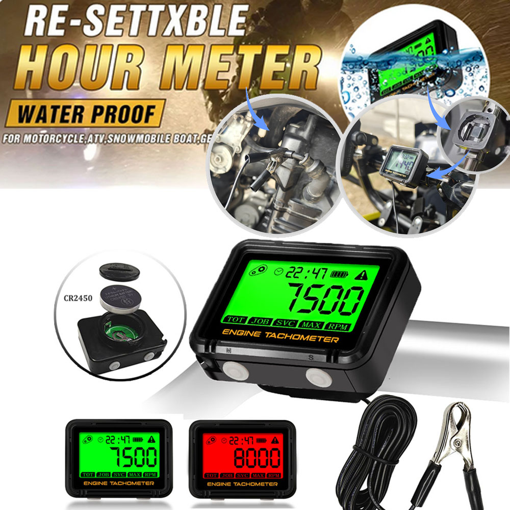 Tacômetro de indução com clipe de jacaré, medidor de relógio, medidor de hora do motor, alerta rpm, retroiluminado, reajustável, tacho