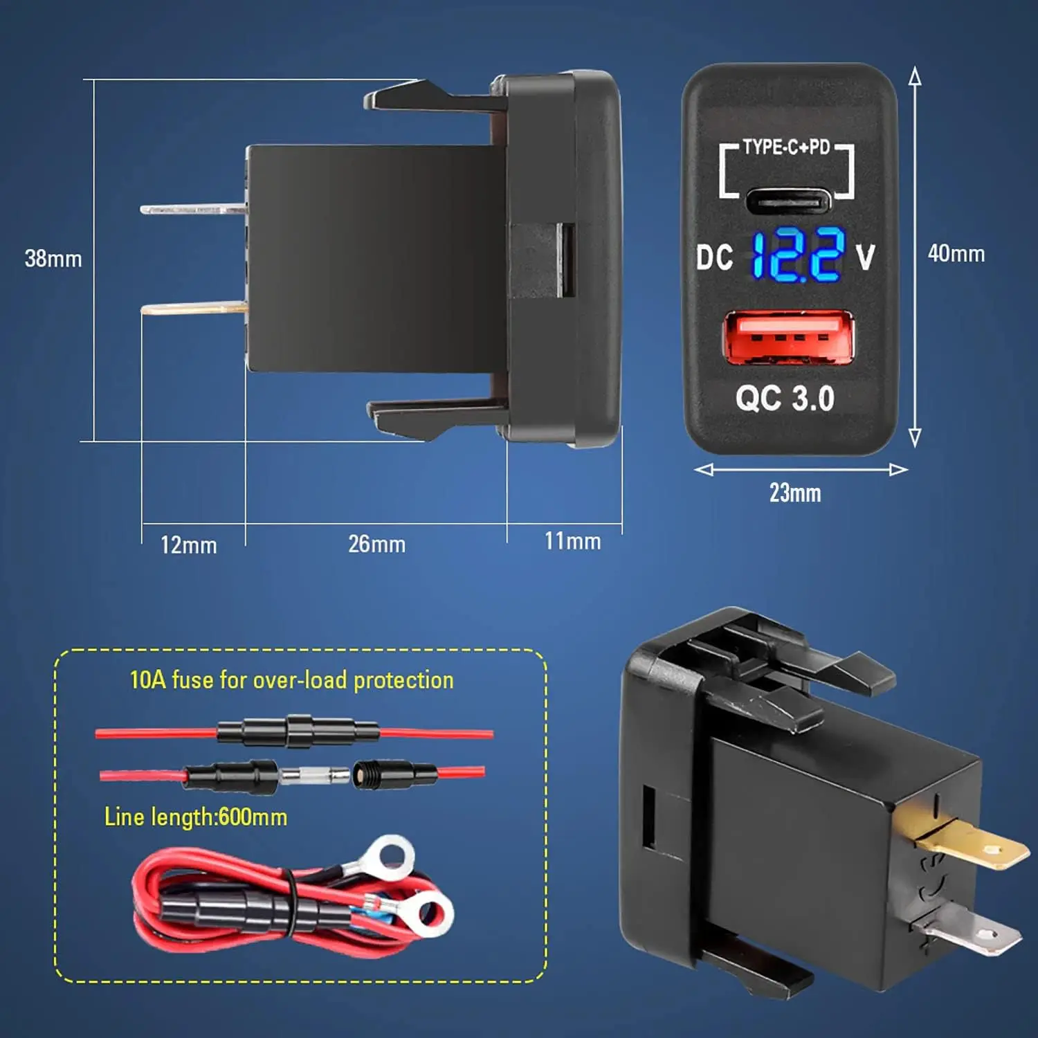 USB Autolader Socket Quick Charge 3.0 & PD USB C Poort Stopcontact Adapter voor 12 V/24 V Toyota Voertuigen