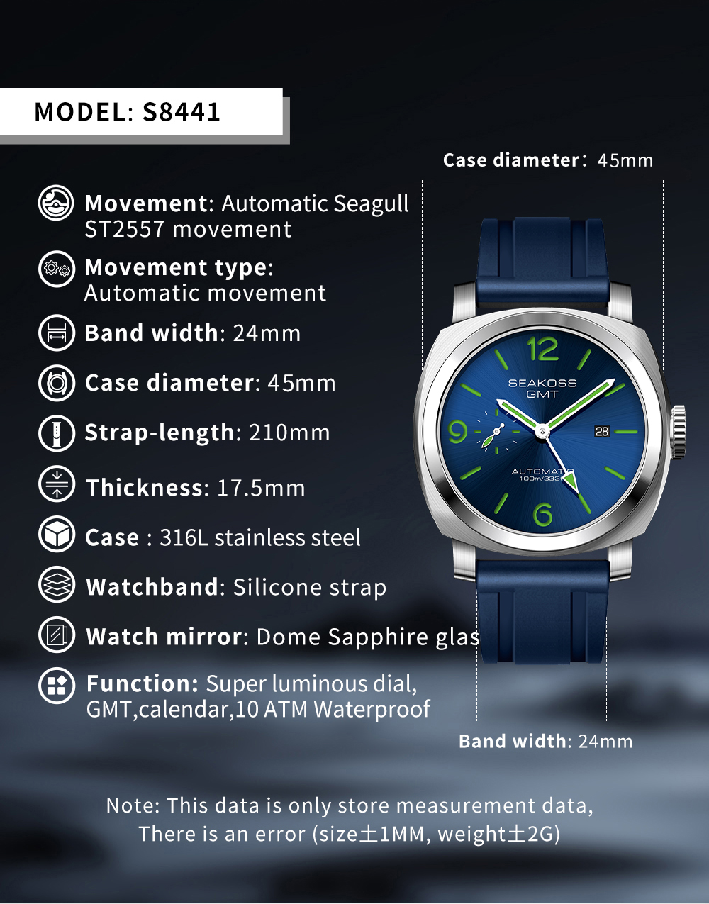 SEAKOSS GMT Diving Automatische mechanische Uhren Herren 1963 ST2557 Möwenwerk 316L Super Luminous Kalender 10Bar Armbanduhren