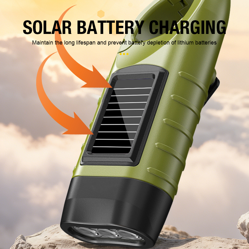 New upgrade 3LED Portable Outdoor Hand Crank Solar Powered Flashlight For Fishing Hiking With Folding Buckle Emergency Lamp