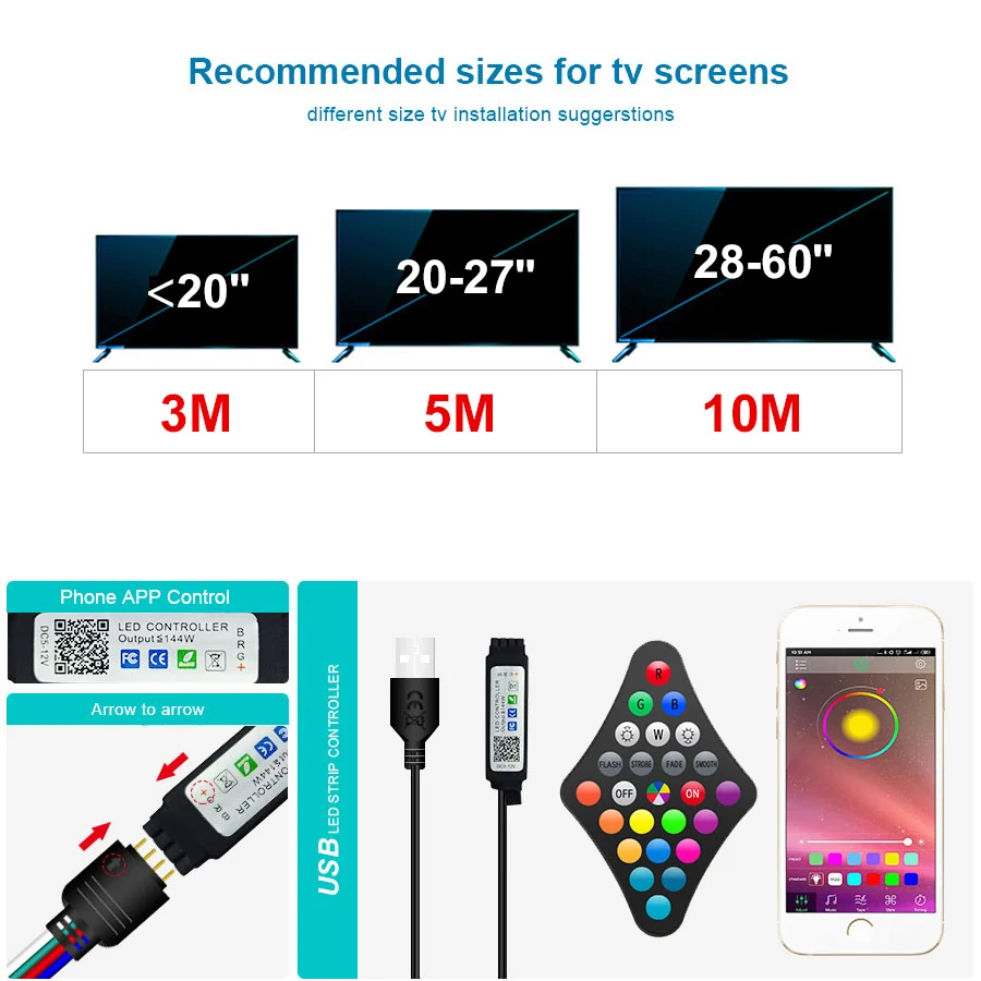 1M-30M USB LED Strip Lights 5050 RGB APP Control Color Changing Lights with 24 Keys Remote Mode for Room Decoration Bluetooth TV