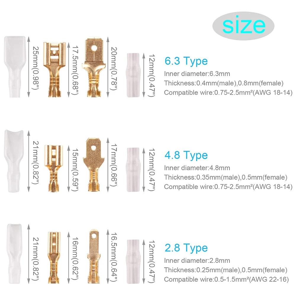 270 peças 2.8/4.8/6.3mm isolado macho fêmea conector de fio terminais de crimpagem elétrica conectores de pá terminal caixa de kit sortido