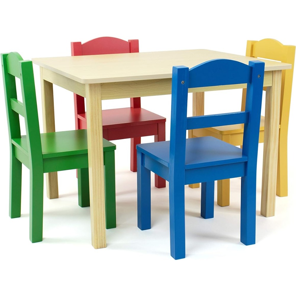 Crew Collection Kids Wood Table & 4 Chair Set, Natural/Primary