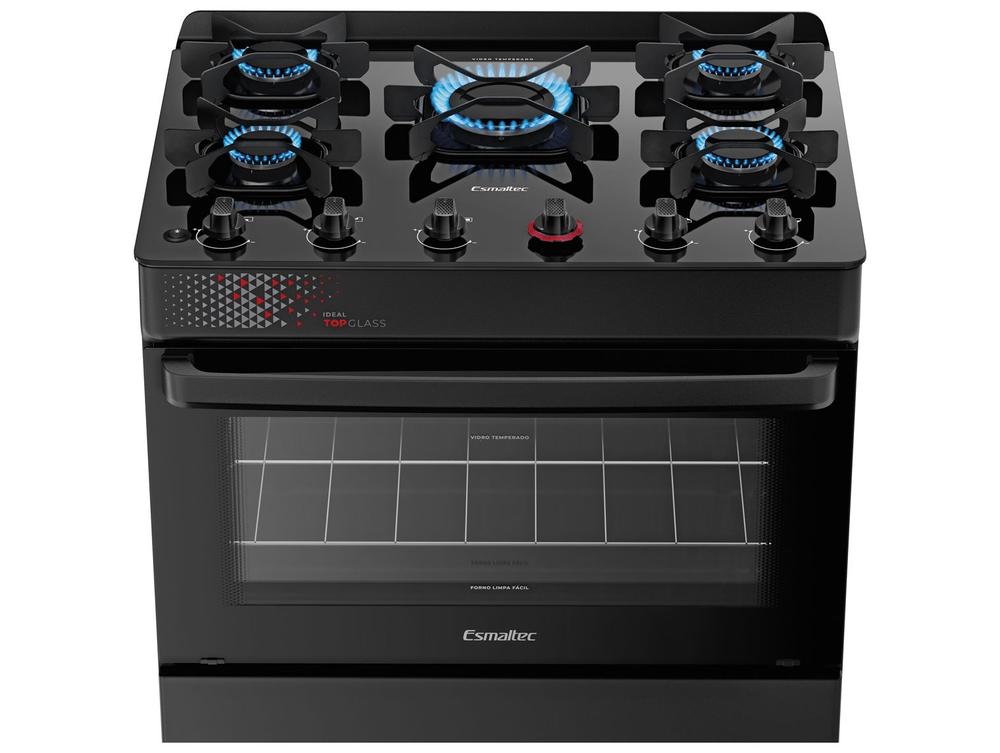 Fogão 5 Bocas Esmaltec Preto Mesa de Vidro Esmaltec Ideal Top Glass - Bivolt
