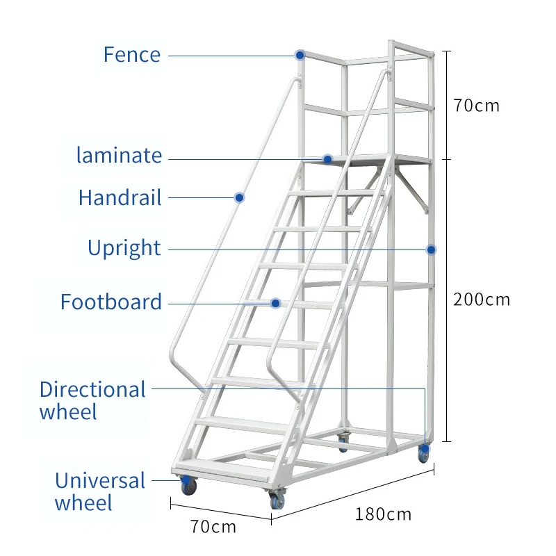 Magazzino Piattaforma di lavoro mobile rotolante portatile Scala in acciaio laminato a freddo con corrimano Scala in acciaio Scala industriale