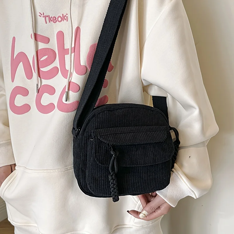 Bolsa crossbody de veludo harajuku vintage, bolsa de ombro casual estilo japonês com fecho de zíper, bolsa chique para uso diário